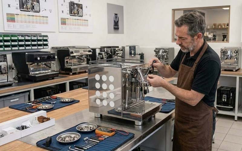 Expert technician performing professional residential repair service on a stainless steel Rocket Appartamento espresso machine inside the Charlotte Espresso Repair workshop bench.