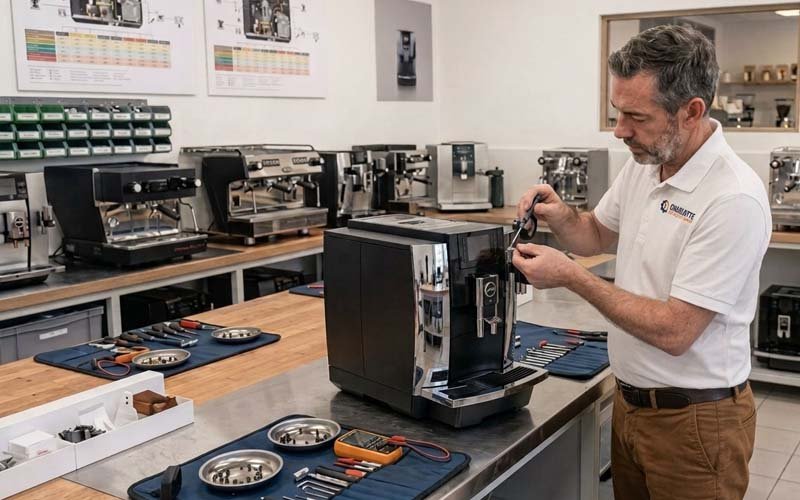 A professional commercial coffee machine technician working on a Jura E8 automatic espresso machine in a service workshop.