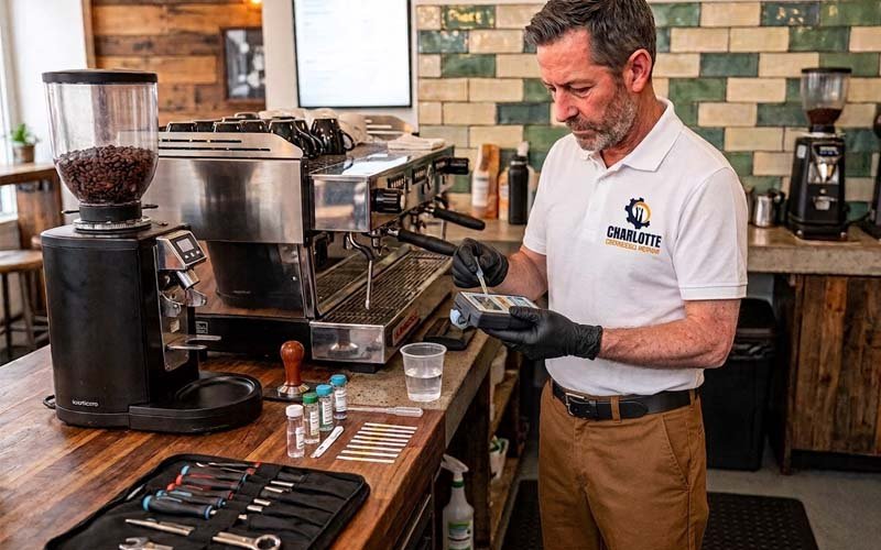 Charlotte Espresso Repair technician installing an under-counter Everpure water filtration system for a commercial espresso machine in a coffee shop.